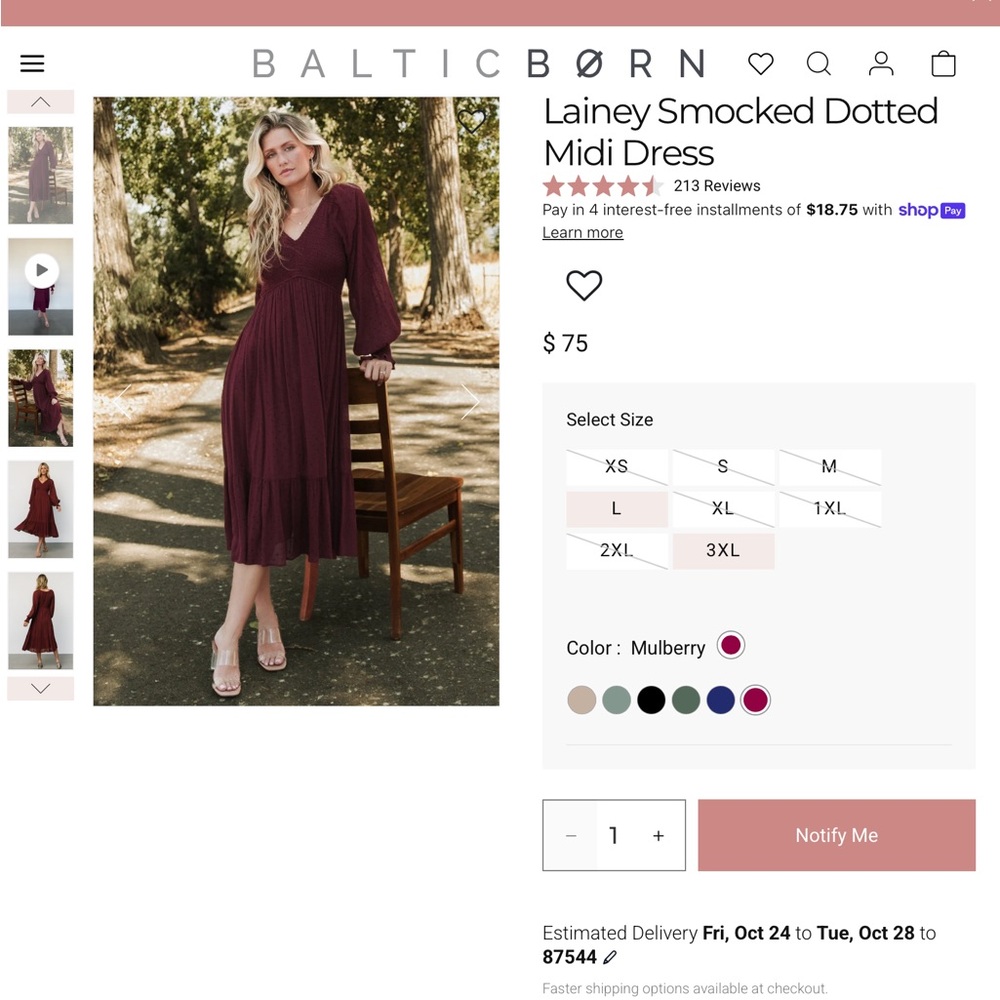 Lainey Smocked Dotted Midi Dress | Mulberry - M NWT